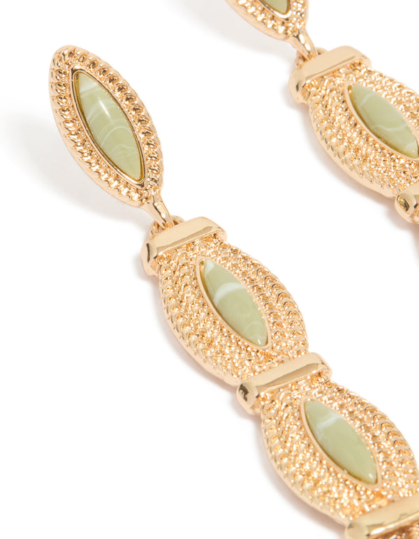 Gold Green Stone Boho Tassel Drop Earrings