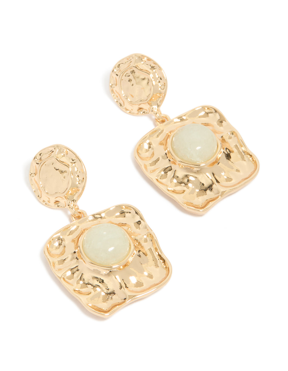 Gold Green Stone Molten Square Drop Earrings
