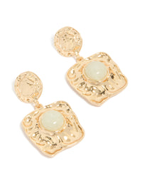 Gold Green Stone Molten Square Drop Earrings - link has visual effect only