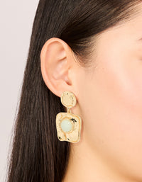 Gold Green Stone Molten Square Drop Earrings - link has visual effect only