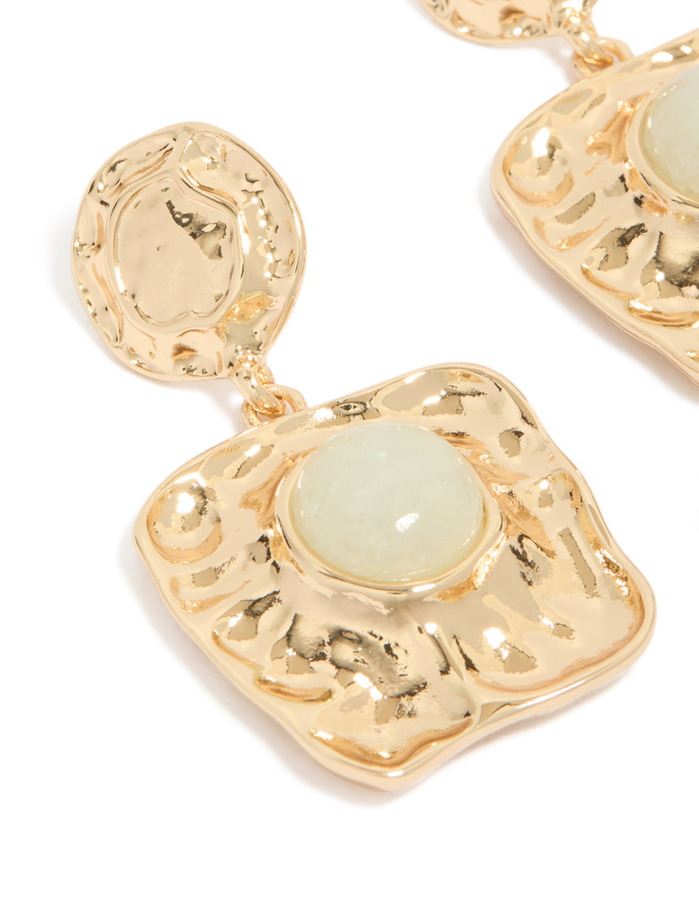 Gold Green Stone Molten Square Drop Earrings