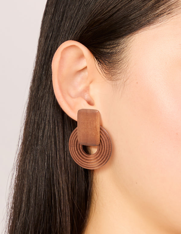 Wooden Textured Circle Drop Earrings
