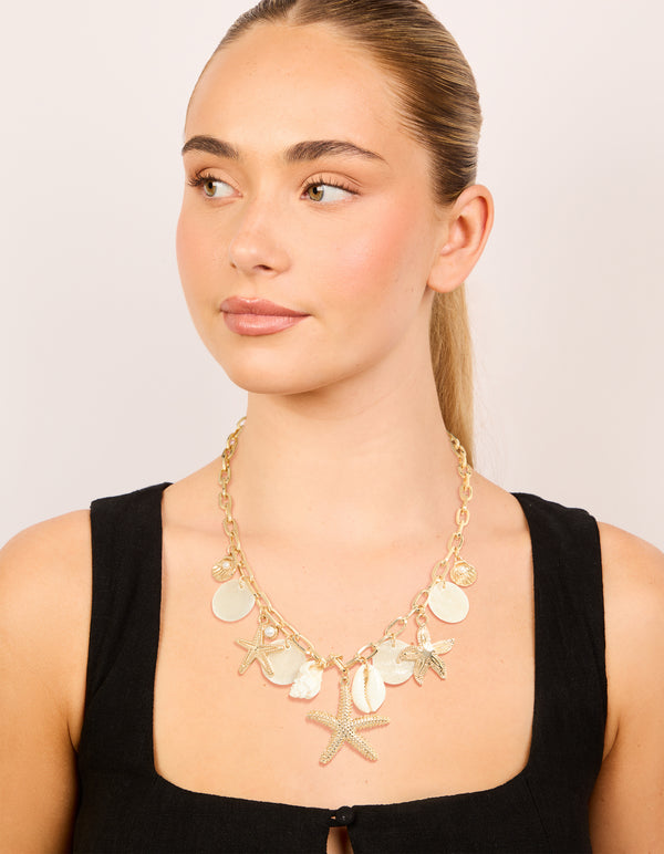 Gold Genuine Shell Disc & Beach Charm Necklace