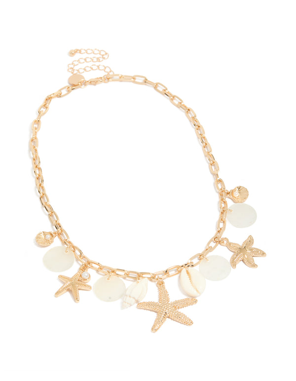 Gold Genuine Shell Disc & Beach Charm Necklace