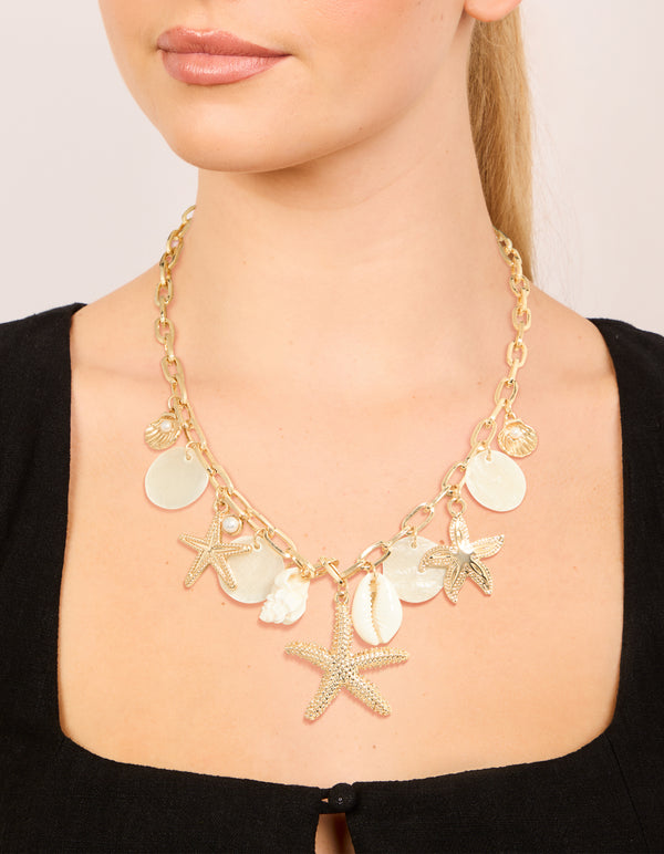 Gold Genuine Shell Disc & Beach Charm Necklace