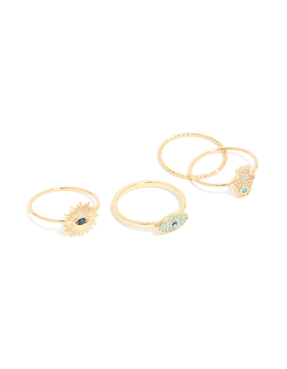 Featuring a gold-plated cubic zirconia evil eye and hamsa hand rings 4-pack with celestial sun motifs, crystal accents, and statement-style design, front view