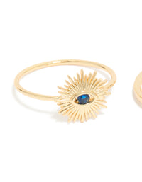 Designed with gold plated cubic zirconia evil eye and hamsa hand rings 4-pack featuring celestial sun motifs, crystal accents, and statement style side detail view - link has visual effect only