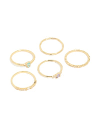 Showcasing gold plated aqua cubic zirconia rings 5-pack in stackable crystal charm design front view - link has visual effect only