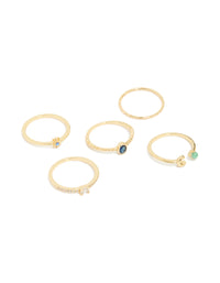 Showcasing gold plated celestial rings featuring moon and star motifs with blue cubic zirconia in a 5-pack front view - link has visual effect only