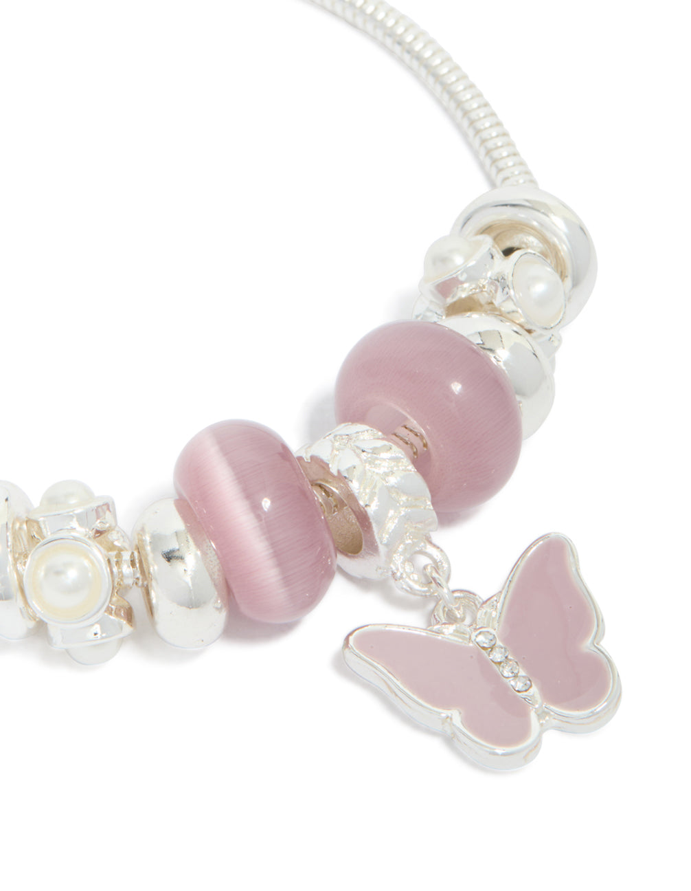 Silver Pink Bead & Butterfly Charm Toggle Bracelet