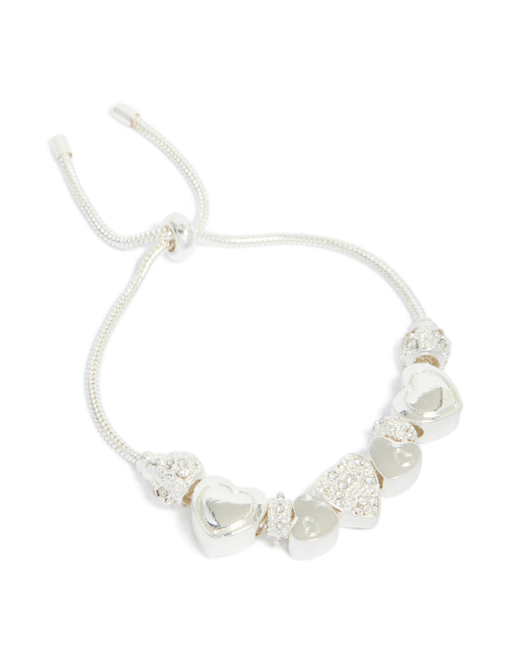 Elegant silver diamante heart charm toggle bracelet featuring balls front view