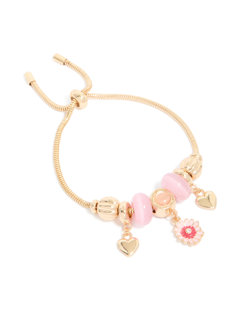Gold Flower & Heart Charm Toggle Bracelet