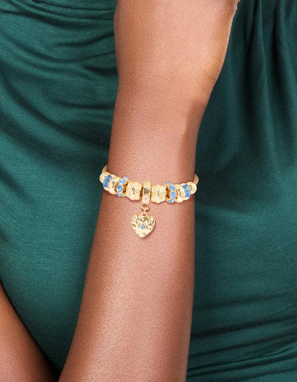 Gold Blue Diamante  & Molten Heart Charm Toggle Bracelet