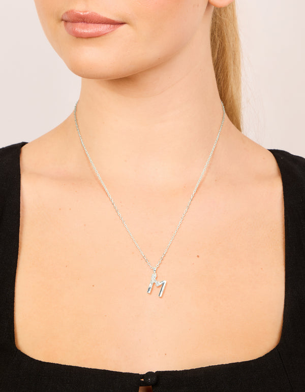 Silver Plated Thin Cubic Zirconia Letter M Necklace