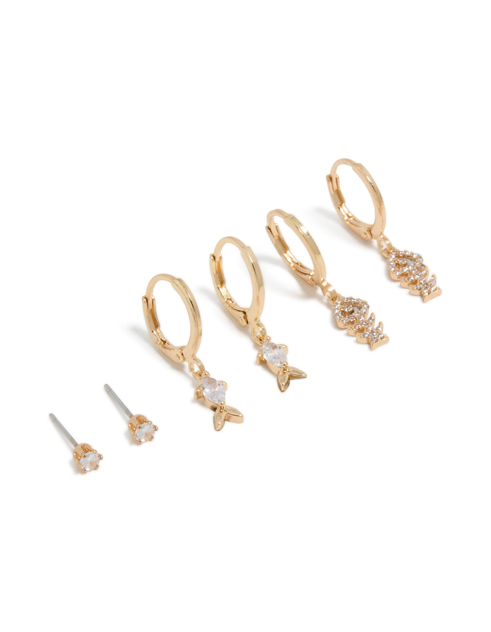 Discover this gold fish cubic zirconia huggie and stud earrings 3-pack featuring ocean design front view