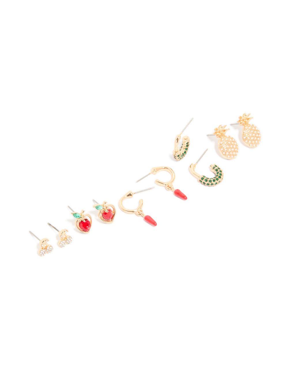 Showcasing gold diamante fruit earrings in a 5-pack featuring hoop and stud closures front view