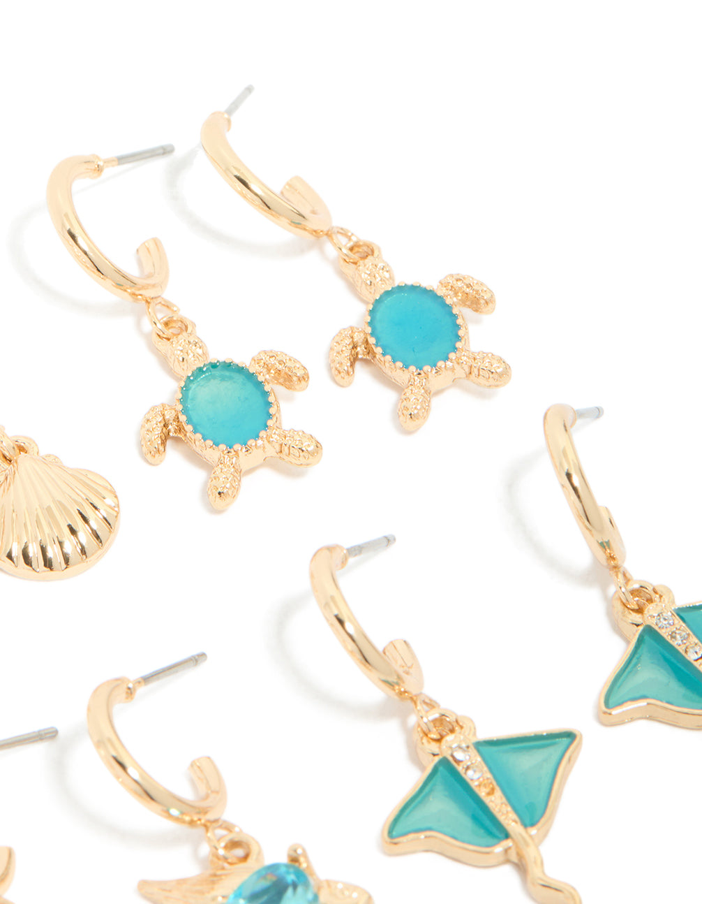 Crafted from gold aqua diamante stingray and sea life earrings 6-pack featuring heart and ocean shell with turquoise accents post detail view