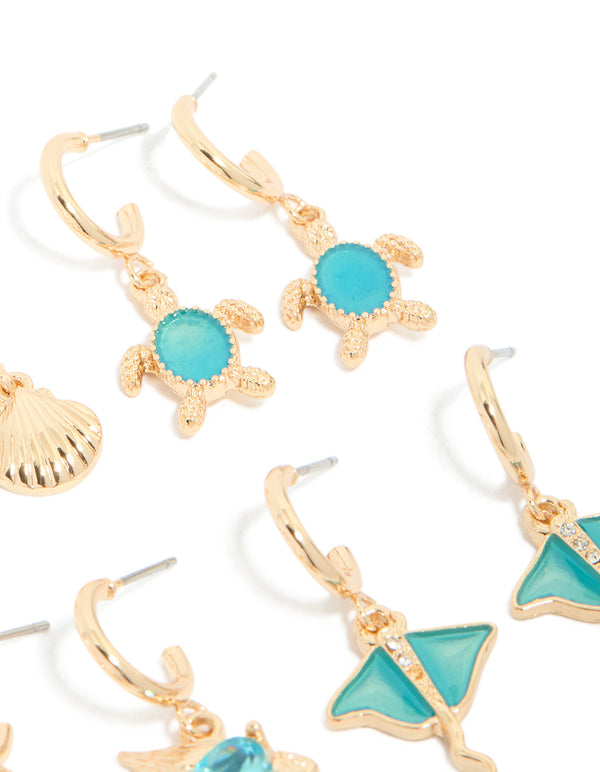 Gold Aqua Diamante Stingray & Sea Life Earrings 6-Pack