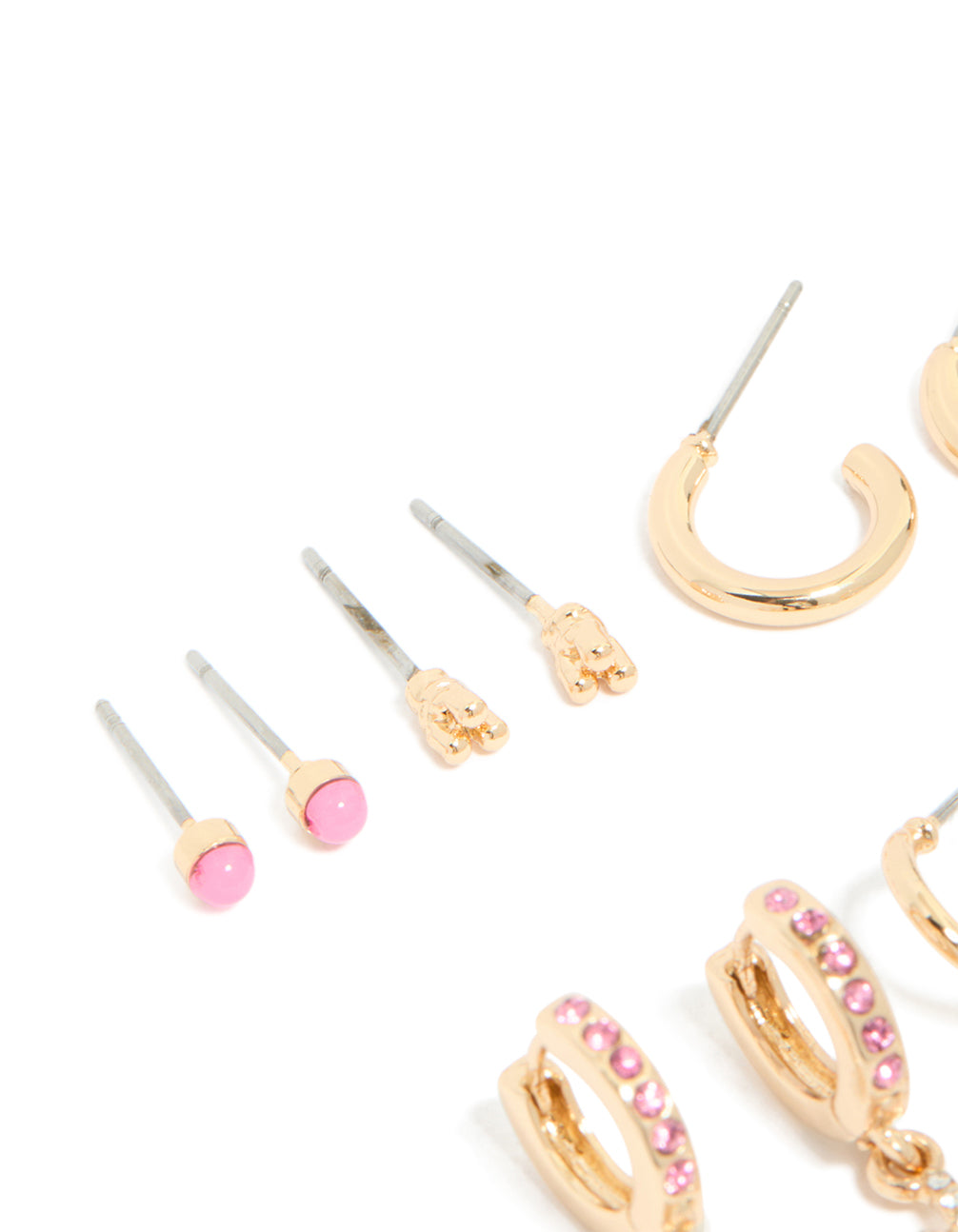 Designed with gold pink and enamel, this fish earring 5-pack showcases animal ocean accents in white black, huggie stud hoop closures in post detail view