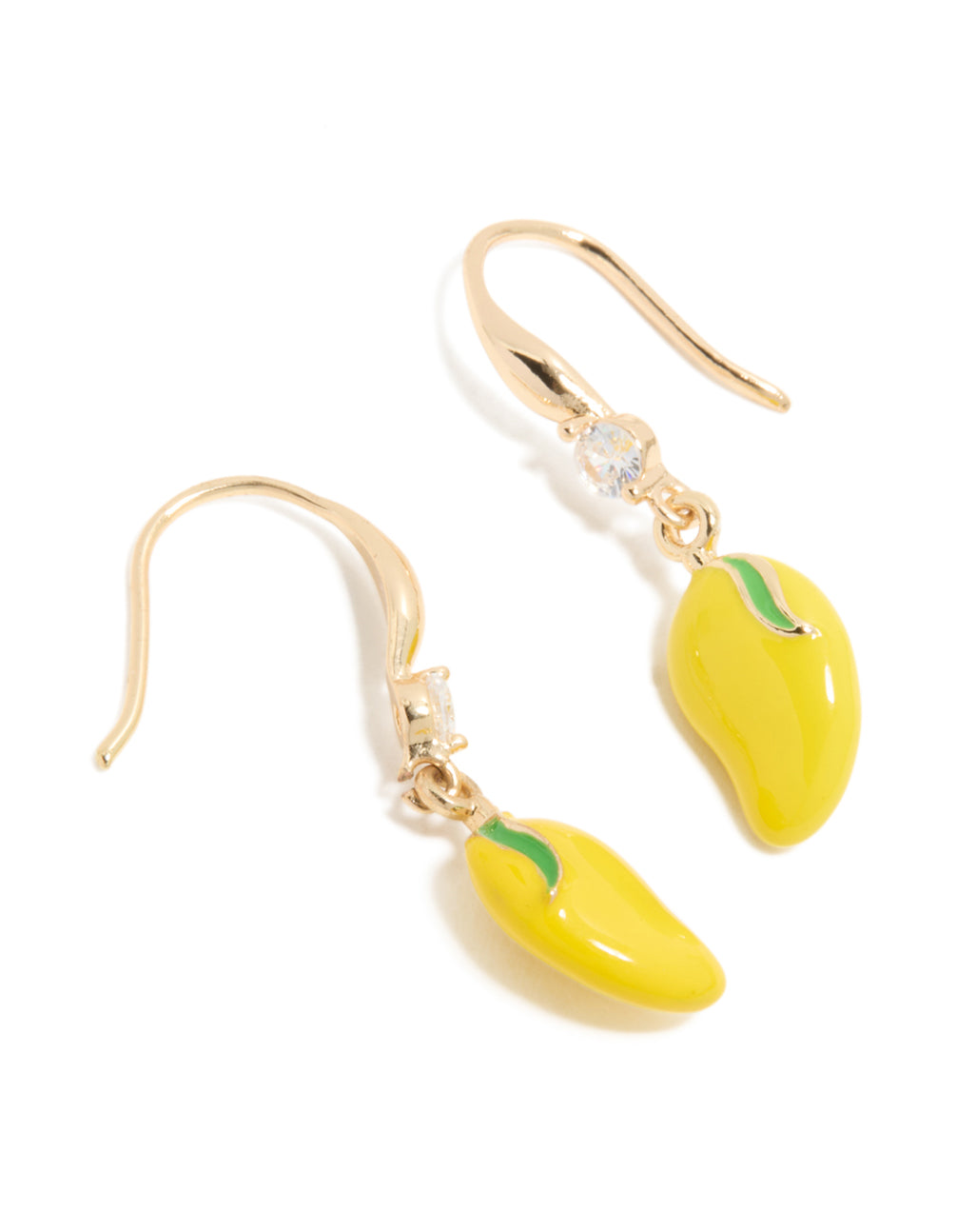 Featuring gold lemon cubic zirconia hook earrings with statement fruit design in yellow and lime green front view
