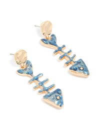 Gold Blue Fish Skeleton Drop Earrings - link has visual effect only