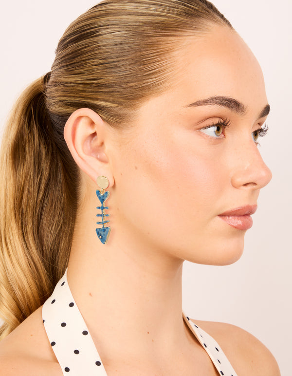Gold Blue Fish Skeleton Drop Earrings