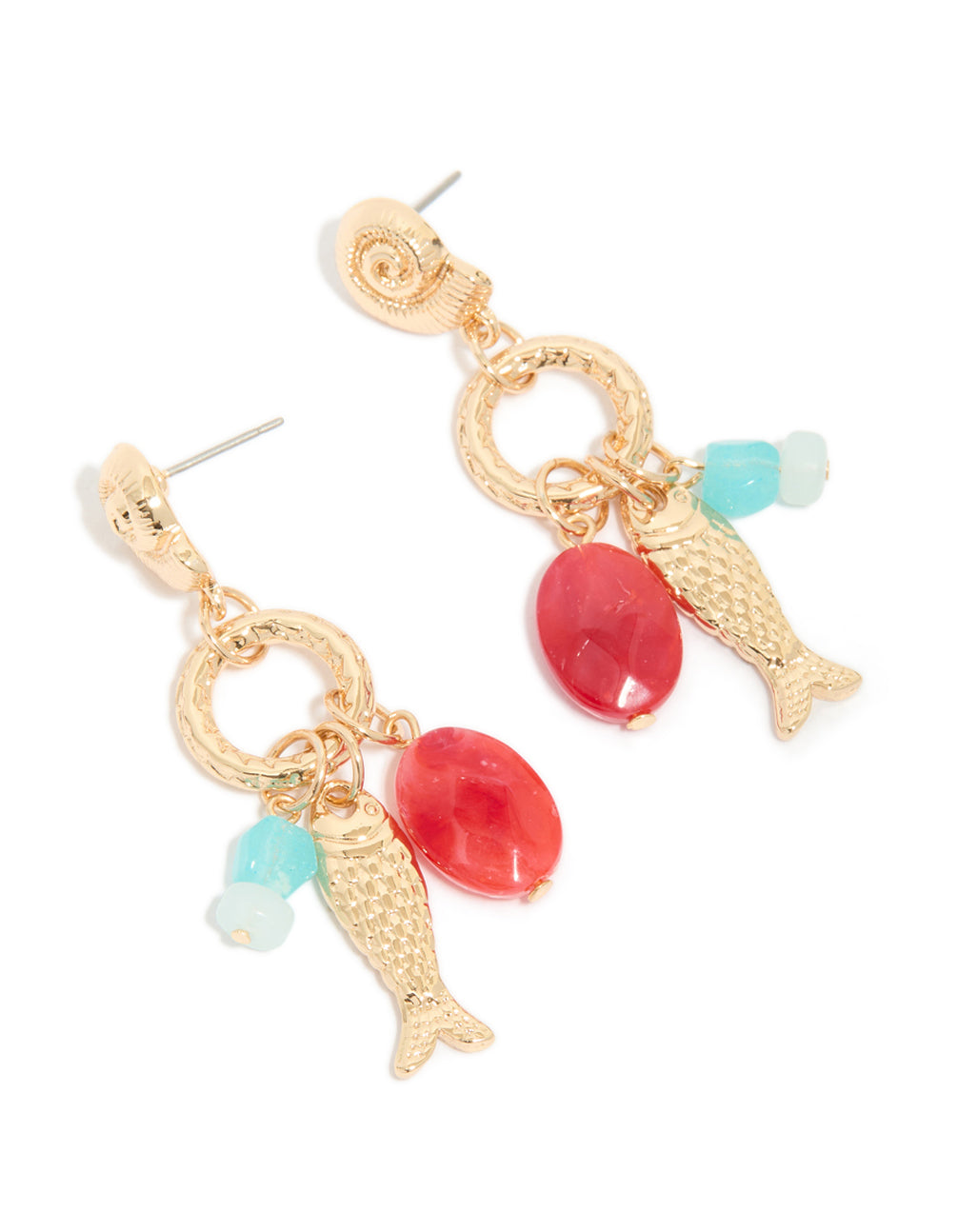 Crafted from gold, these red beaded and fish charm drop earrings feature ocean accents in coral and turquoise front view