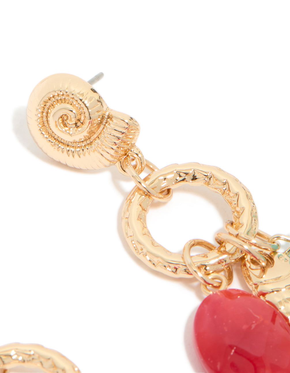 Highlighting gold red beaded and fish charm drop earrings with ocean accents in coral and turquoise post detail view