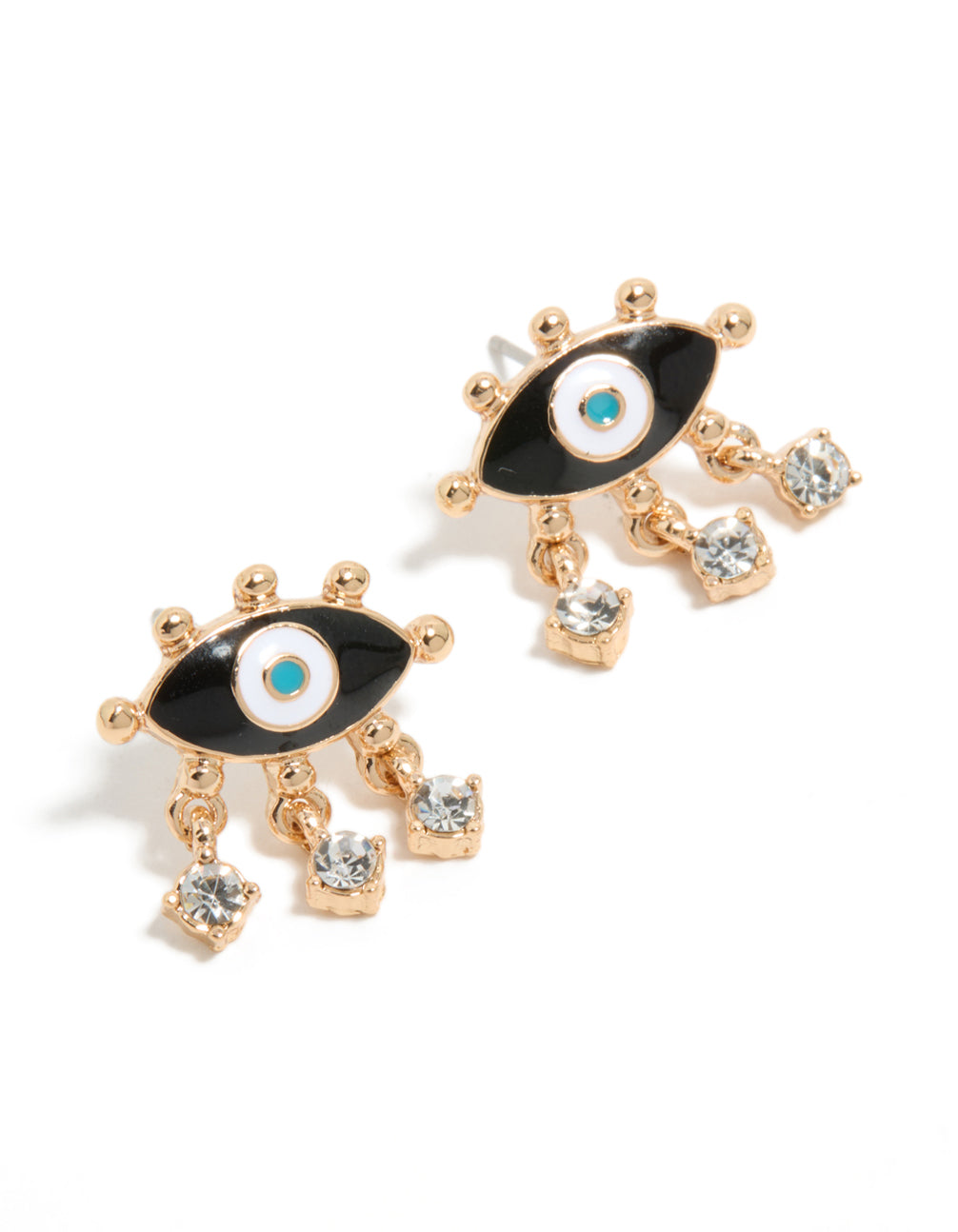 Showcasing gold evil eye stud earrings with charm and dark turquoise accents front view