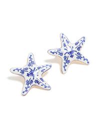 Gold White & Dark Blue Painted  Floral Starfish Stud Earrings - link has visual effect only