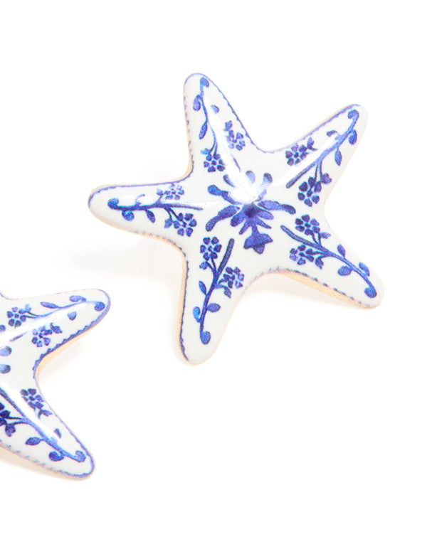 Gold White & Dark Blue Painted  Floral Starfish Stud Earrings