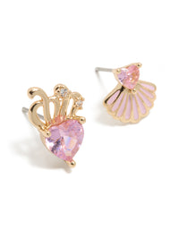 Gold Link Pink Cubic Zirconia Heart & Shell Stud Earrings - link has visual effect only