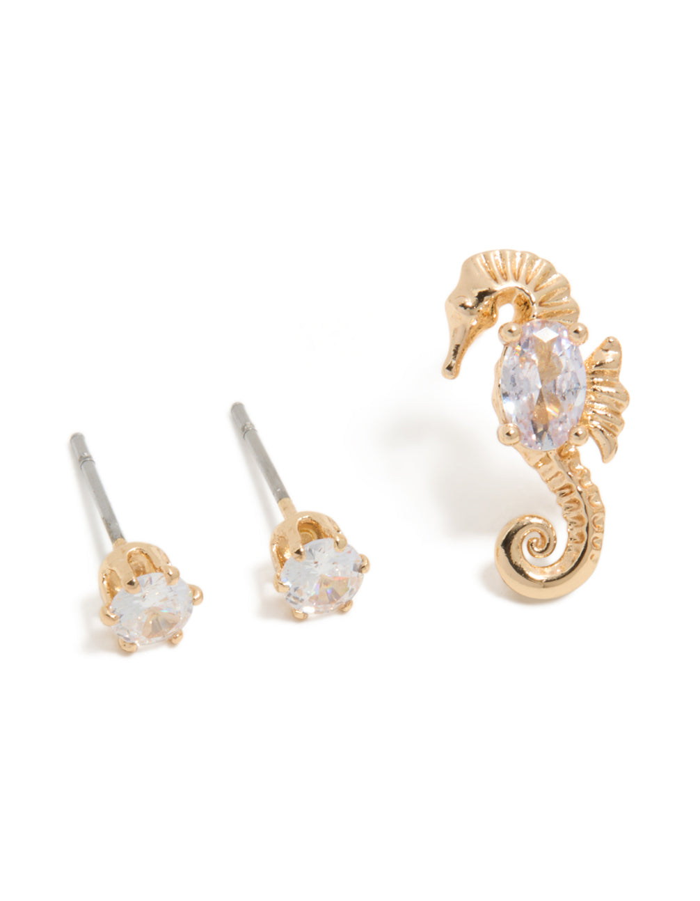 Crafted from gold with diamante and seahorse stud designs in a 3-pack featuring ocean elements close up view
