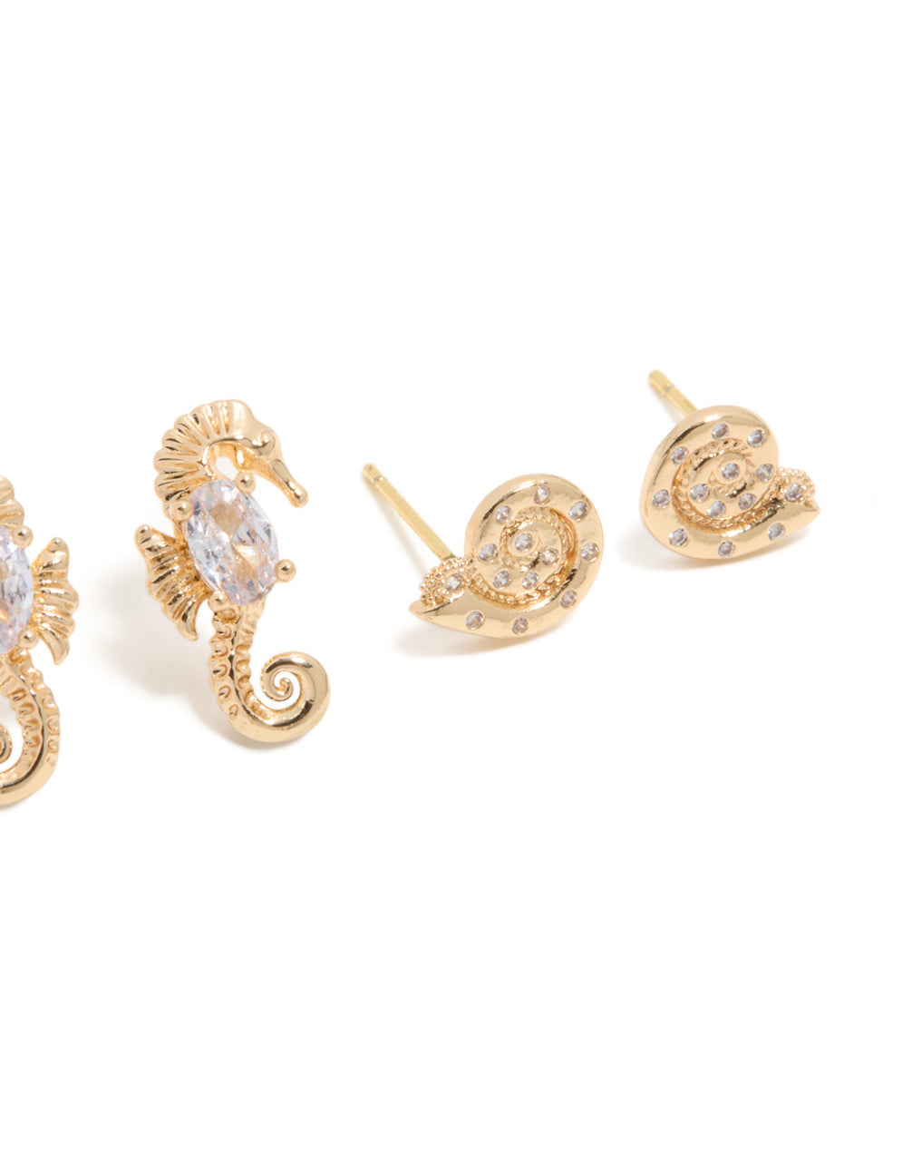 Designed with gold diamante and seahorse studs in a 3-pack featuring ocean accents post detail view
