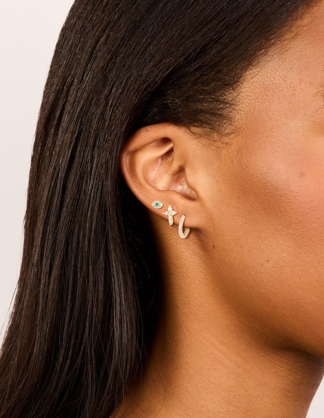 Gold Cubic Zirconia Evil Eye & Cross Earrings 3-Pack