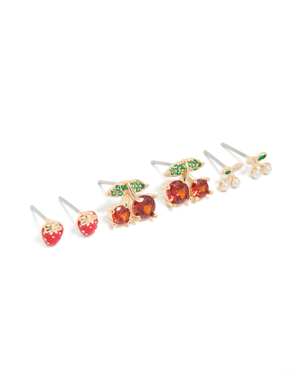 Gold Strawberry & Cherries Earrings 3-Pack