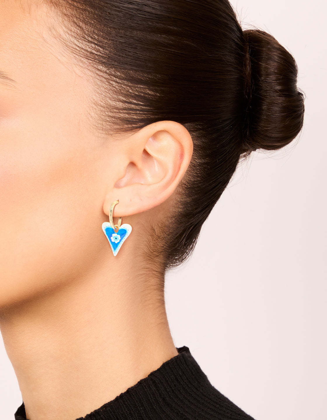 Gold Blue Heart With A Flower Inside Huggie Earrings