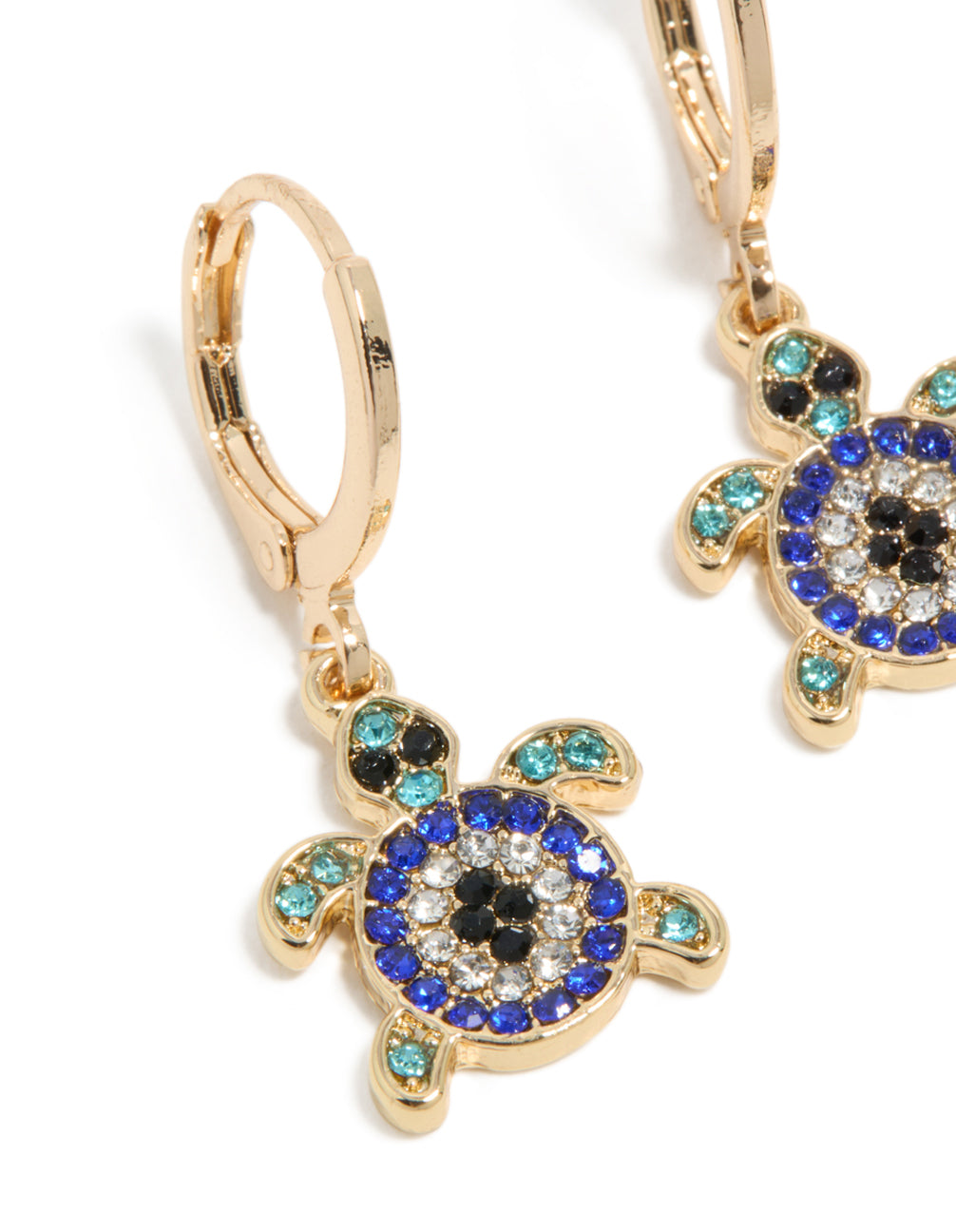 Detailed view of gold blue diamante turtle huggie earrings with turquoise and black ocean-inspired design in a close up view