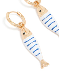 Gold White & Blue Striped Fish Huggie Earrings - link has visual effect only