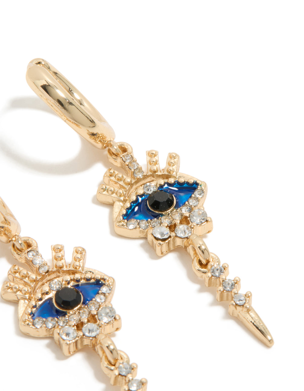 Crafted from gold with diamante evil eye featuring huggie earrings in blue and black on ear view