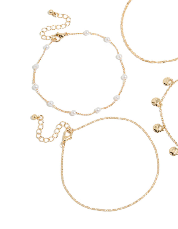 Gold Shell & Pearl Anklets 4-Pack