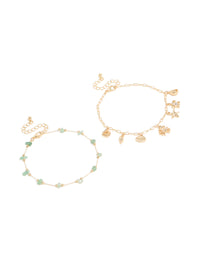 Gold Semi Precious Stone &  Sea Charm Anklets 2-Pack - link has visual effect only