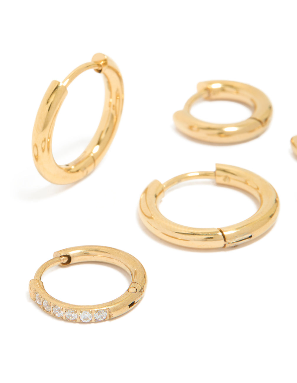 Waterproof Gold Plated Stainless Steel Cubic Zirconia Essential Stacking Huggie Earrings 3-Pack
