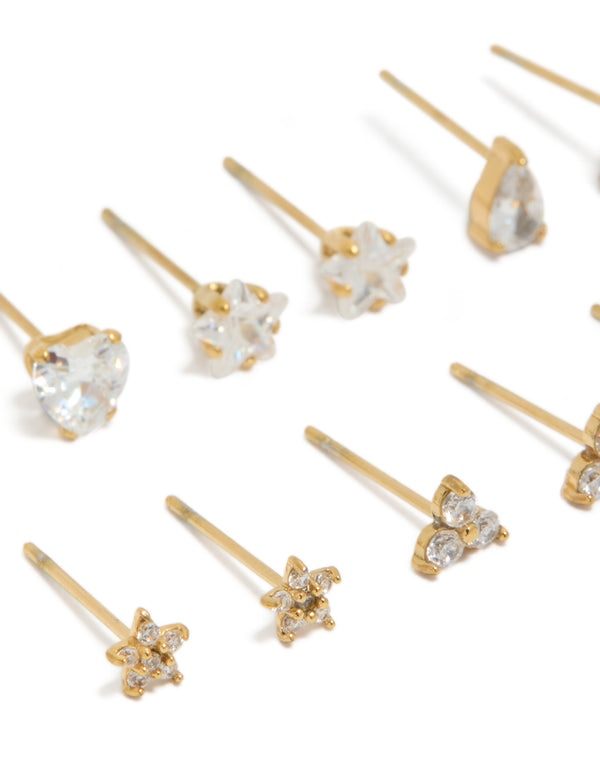 Waterproof Gold Plated Stainless Steel Cubic Zirconia Stud Earrings 6-Pack