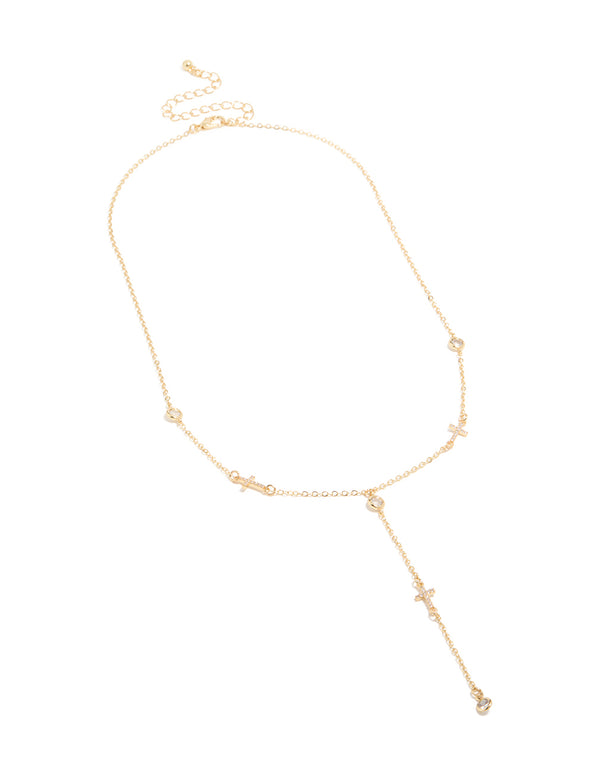 Gold Plated Cubic Zirconia Bezel Set Cross Rosary Necklace