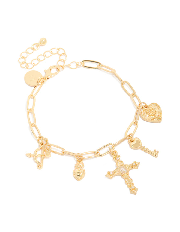 Gold Plated Cross & Heart Charms Bracelet
