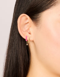 Waterproof Gold Plated Stainless Steel Pink Enamel & Cubic Zirconia Huggie Earrings 2-Pack - link has visual effect only
