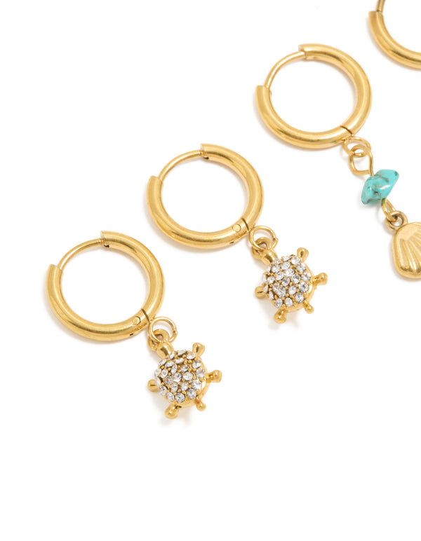 Waterproof Gold Plated Stainless Steel Semi Precious Stone Sea Earrings 2-Pack