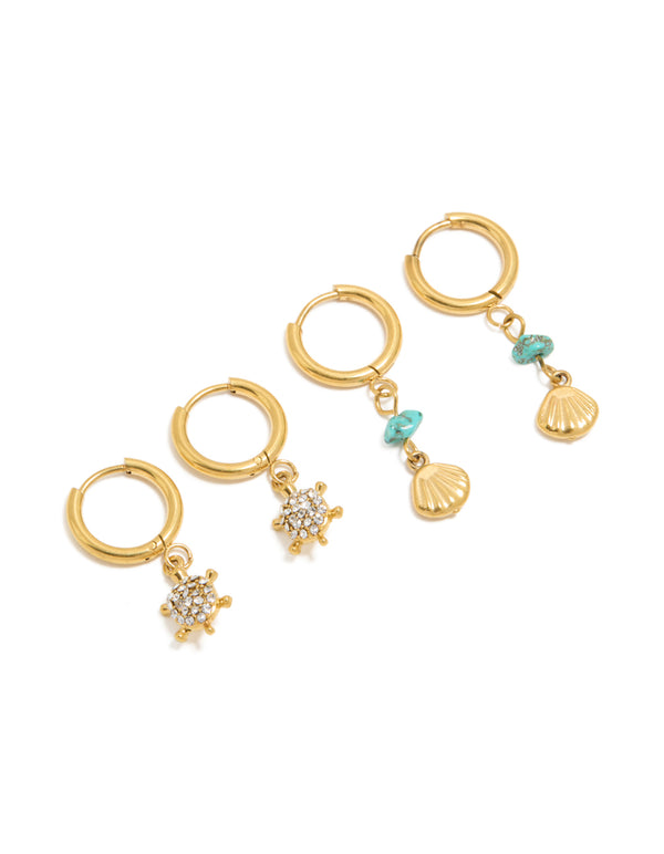 Waterproof Gold Plated Stainless Steel Semi Precious Stone Sea Earrings 2-Pack