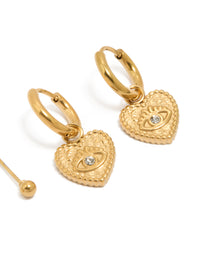 Waterproof Gold Plated Stainless Steel Heart Evil Eye Huggie & Ball Stud Earrings 2-Pack - link has visual effect only
